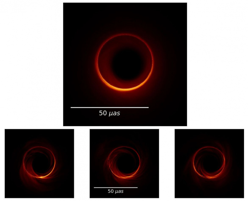 Uma simulação de como seria o buraco negro no centro da galáxia M87 ao desviar a luz ao seu redor. Abaixo: Instantâneos da luz ao redor do buraco negro em momentos diferentes. Superior: Uma composição de todos os instantâneos adicionados juntos.