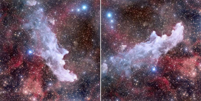 Der Hexenkopfnebel (links) sieht aus wie sein Namensgeber, aber drehe ihn um 90° gegen den Uhrzeigersinn und er wird zum Running Ghost Nebula. Bildnachweis: Adam Block /Steward Observatory/University of Arizona