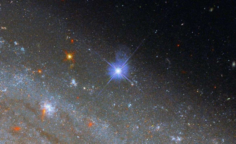 Supernova SN 2019NP (sentrert) blåste opp i galaksen NGC 3254, og Hubble ble brukt til å observere både den og stjernene rundt den for mer nøyaktig å måle avstanden. ESA/Hubble & NASA, A. Riess et al .; CC BY 4.0