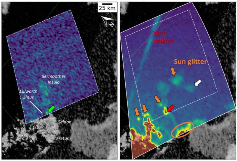 Две слике истог места на Титану направљене у размаку од 100 секунди. Зелена стрелица (лево) и црвена стрелица (десно) представљају исти део Сунчевог сјаја. Друга слика је имала дужу експозицију и приказује више рефлексија од таласа. Заслуге: Хеслар и др.