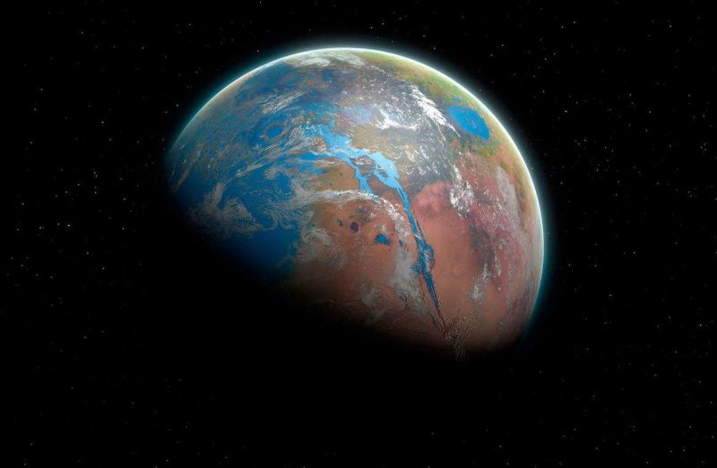 Oeuvre montrant un ancien Mars clément, chaud et humide, il y a environ trois milliards d'années. Crédit : Getty Images / Mark Garlick / Photothèque scientifique